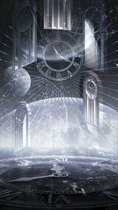 an artistic photo of a clock tower in the middle of space