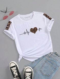 Heart And Leopard Print Tee Graphic Cheetah Print Tees Women Tops White Casual  Short Sleeve Fabric Heart,Leopard Print  Slight Stretch Summer Women Clothing, size features are:Bust: ,Length: ,Sleeve Length: Heart Leopard Print, Printed Tee Women, Heart Leopard, Fabric Heart, Boho Chic Outfits, Couture Sewing, White Casual, Sewing Techniques, Plus Size T Shirts