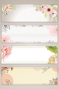 three banners with flowers and leaves in pastel colors on a beige background, each one has a blank space for the text