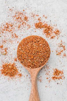 a wooden spoon filled with ground spices