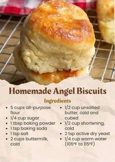 homemade angel biscuits recipe with instructions for baking them on a wire cooling rack