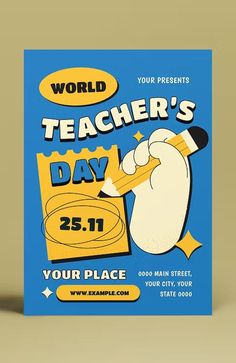 a poster for world teacher's day with a penguin holding a pencil and writing on it