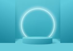 an illuminated round object in a blue room