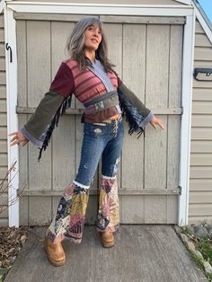 "This is a ONE of a kind, original Zasra design. It is a handmade, funky, eco friendly, artisan wrap. The design of this artisan wrap jacket, is a slouchy design with wide bell sleeves, and a slight asymmetrical front. The idea is to wear it either loose and free floating at your sides or wrap it around with a favorite sash or obi belt. If interested in a patchwork, reversible obi belt, please convo me for prices and possibilities. For this particular wrap I have chosen a earthy mix of brown, bl Bohemian Fall Outerwear With Patches, Fitted Bohemian Outerwear With Patches, Bohemian Long Sleeve Outerwear With Patches, Bohemian Winter Outerwear With Patches, Handmade Hippie Festival Outerwear, Festival Denim Patchwork Outerwear, Handmade Multicolor Hippie Outerwear, Hippie Patchwork Winter Outerwear, Tom Green