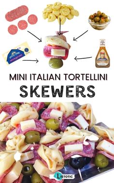 different types of food are shown in this image and the words, mini italian tortelli skewers