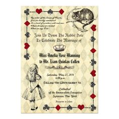 a wedding card with an alice and the mouse on it's front, in black and