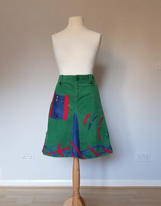 "One of a kind y2k clothing - harajuku green knee length skirt made from upcycled green corduroy and a blue denim skirt. It is handmade, decorated with patches and  appliques. It is light and comfortable , perfect for fall.  Measurements  waist - 34\" hips line - 44\" and slightly stretches length - 23,5\" Wash by hand or on delicate program. There is a lot of outstanding designs in different sizes in my shop www.etsy.com/uk/shop/BosaHandmade?ref=hdr_shop_menu Link to my new shop with crochet items https://www.etsy.com/uk/shop/BosaHandmadeCrochet Shipping - within 1-3 working days after receiving payment . All customs charges, taxes and duties are buyer's responsibility. If for some reason you do not like the item, it may be returned to me within 14 working days.  You will cover the cost o Harajuku Skirt, Patch Skirt, Ripped Denim Skirts, Patchwork Denim Skirt, Box Pleat Skirt, Frock For Women, Handmade Skirts, Fashion Sewing Tutorials, Blue Denim Skirt