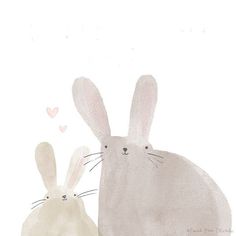 two rabbits sitting next to each other in front of a white background with pink hearts