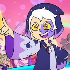 a cartoon character with purple hair and yellow eyes pointing to something in the distance while standing next to other characters