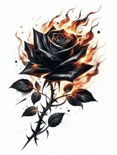 a black rose with flames on it's petals is shown in this tattoo design