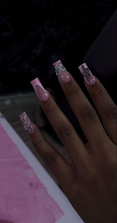 Long Dramatic Nails, Medium Long Birthday Nails, Medium Nails With Charms, Pink Baddie Acrylic Nails, 17th Birthday Nails Acrylic, Medium Birthday Nails, Medium Pink Nails