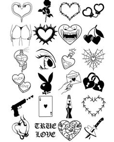 various tattoo designs are shown in black and white, with the words true love written on them