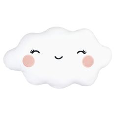 a cloud shaped pillow with eyes and eyelashes on the front, it has pink cheeks