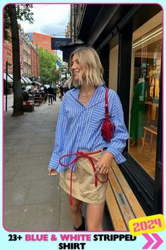 Effortless city style featuring a blue and white striped shirt with bold red accents. This look adds personality and flair to a classic outfit, perfect for a casual day out in the city with an added pop of color. Stripes T Shirt Outfit, Classic Outfit