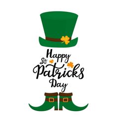 happy st patrick's day with green hat, mustache and shamrocks on white background