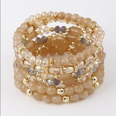 New Boutique Stackable Beaded Bracelets Gold Set Of 6 Bracelets 2" X 2" Adjustable Beaded Stretch Bracelet In Beige, Hand-strung Beige Beaded Bracelets, Adjustable Beige Beaded Bracelets With Colorful Beads, Beige Beaded Bracelets With Colorful Round Beads, Adjustable Beige Large Beads, Beige Beaded Bracelets With Round Beads, Beaded Bracelets Gold, Stackable Beaded Bracelets, Bracelets Gold