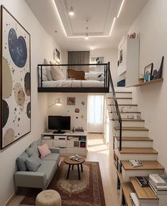 a living room filled with furniture and a loft bed next to a staircase leading up to a bedroom