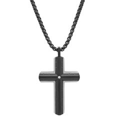 Men's black ip stainless steel and stainless steel back cross with simulated diamond Gunmetal Cross Necklace In Stainless Steel, Gunmetal Stainless Steel Cross Necklace, Modern Stainless Steel Cross Jewelry, Black Stainless Steel Cross Jewelry, Black Stainless Steel Cross Pendant Jewelry, Black Stainless Steel Crucifix Necklace, Classic Wardrobe Pieces, Byzantine Necklace, Charm Choker Necklace