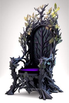 a chair made out of tree branches and leaves with purple light on the back seat