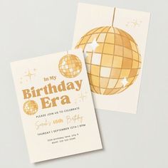 an image of a birthday party card with a globe on the front and star decorations on the back