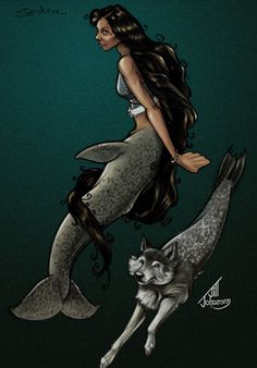 a drawing of a mermaid and a wolf