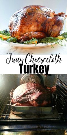 Juicy Cheesecloth Turkey on a white tray surround by herbs and orange slices on top and the bottom photo is of the turkey roasted covered with cheesecloth. There is a white banner between the two photos with black text Juicy Cheesecloth Turkey. Cheesecloth Turkey, Moist Turkey, Baked Turkey, Cooking Turkey, Favorite Comfort Food, Herb Butter, Roasted Turkey, Holiday Cooking