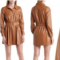 Sharp Pleats Add Dimension To A Long-Sleeve Shirtdress Crafted From Faux-Leather Fabric For A Luxe Look. Front Placket Point Collar Long Sleeves Lined 64% Polyester, 33% Viscose, 3% Elastane Faux-Leather Office Dresses For Fall With Spread Collar, Fall Office Dress With Spread Collar, Brown Long Sleeve Shirt Dress For Work, Fitted Shirt Dress With Pockets For Fall, Brown Long Sleeve Mini Dress For Work, Collared Mini Dress With Pockets For Fall, Fall Collared Mini Dress With Pockets, Fall Office Shirt Dress With Spread Collar, Fall Workwear Mini Shirt Dress