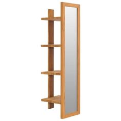 a tall wooden shelf with a mirror on it's side and two shelves below