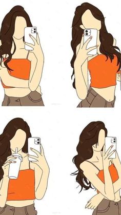 four images of a woman taking a selfie with her cell phone and wearing an orange top