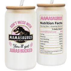 two white jars with labels on them that say don't mess with maasaurirus