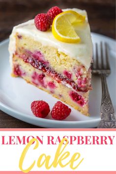 a slice of lemon raspberry cake on a plate with the title overlay