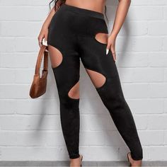 Size Small, Never Worn Fitted Black Bottoms With Cutout Details, Fitted Black Bottoms With Cutout, Fitted Black Cutout Bottoms, Casual Black Leggings For Party, Casual Black Party Leggings, High Waist Stretch Bottoms With Cutout Details, Cut Out Leggings, Colorful Leggings, Pant Jumpsuit