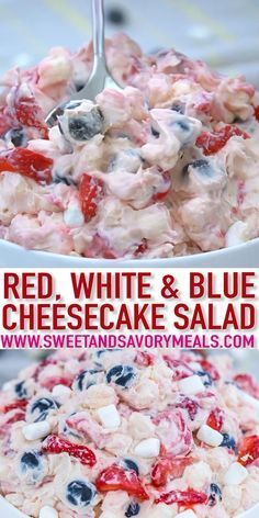 red, white and blue cheesecake salad in a bowl