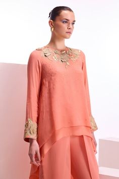 Peach double layered top with floral applique, sequin embroidery. Paired with pant. - Aza Fashions Embellished Tops For Eid Reception, Elegant Sequin Palazzo Set For Spring, Designer Sequined Georgette Tops, Spring Silk Sets With Hand Embellished Details, Spring Silk Sets Hand Embellished, Hand Embellished Silk Sets For Spring, Spring Wedding Georgette Top, Spring Hand Embellished Silk Sets, Spring Embellished Georgette Palazzo Set