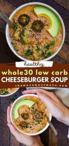 You're going to love this Whole30 and low-carb cheeseburger soup! Not only is this comfort food for dinner healthy, but it is also creamy and full of flavor. No one would believe this easy soup recipe is also dairy-free! Cheeseburger Soup Recipes, Low Carb Cheeseburger Soup, Low Carb Cheeseburger, Whole30 Soup Recipes, Easy Soup Recipe, Food For Dinner, Vegan Pumpkin Soup, Cheese Burger Soup Recipes, Whole 30 Meal Plan