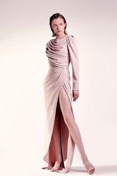 One sleeve draped bodice column dress- Hertrove Mnm Couture, Drape Gowns, Pink Gown, Trumpet Dress, Fitted Long Sleeve, Nude Dress, Silk Tulle, Couture Dress, فستان سهرة