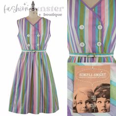 Fabulous Vintage Early 1960’s Candy Striped Cotton Sundress By Simpli-Smart By Simplicity. This Dress Is Over 50 Years Old And Is Rare Unworn New-Old-Stock With Tags! This Adorable Dress Has A Fun, Flirty Attitude And Retro Summertime Vibes. Classic, Flattering Early 1960’s Nipped Waist With Original Belt And Gathered Full Skirt. Breezy Sleeveless V-Neck Bodice Features 4 Darling White Buttons And Coordinating Purple Trim. Constructed Of Unlined, Lightweight Cotton Perfect For Warm Weather Days. Retro Purple Spring Dress, Purple Retro Spring Dress, Retro Purple Dress For Spring, Purple Retro Sleeveless Dress, Retro Purple Sleeveless Dress, Men Pinup, Summertime Vibes, Purple Trim, Pastel Candy