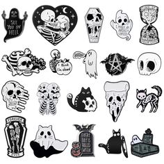 various halloween stickers and decals on a white background, including skulls, bats, tombstones, pumpkins and more