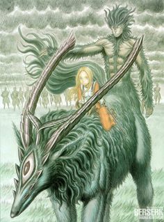 a drawing of a woman riding on the back of a green animal with horns in it's mouth