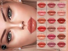 the lips are different colors and shapes for each woman's face, including one with long lashes