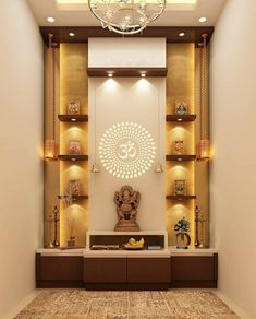 a living room filled with lots of furniture and decor on top of wooden shelves next to a chandelier