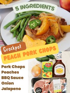 an advertisement for peach pork chops on a plate