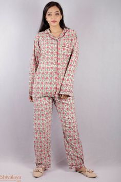 100% pure cotton hand block printed night suit, perfect for summer while sipping tea on your terrace! Full sleeve shirt with buttons and loose fit trousers. Completely handmade in Jaipur from 100% pure cotton fabric. Comes in S/M/L sizes, but without any complications can be adjusted to individual measurements. SHIVALAYA JAIPUR Pajamas for Women * Ultra-soft * 100% cotton * Handmade * Block print available sizes and measurements: XS (EU: 34 - 36, US: 6 - 8) Pyjama Top: chest girth = 36 inches / Cotton Sleepwear With Block Print For Loungewear, Cotton Block Print Sleepwear For Loungewear, Cotton Sleepwear With Block Print And Relaxed Fit, Relaxed Fit Block Print Sleepwear For Loungewear, Block Print Long Sleeve Sleepwear For Loungewear, Long Sleeve Block Print Sleepwear For Home, Cotton Pants Women, Pants And Shirt, Sipping Tea