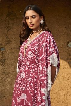 Burgundy kaftan with floral, elephant print and chantilly lace embellished scallop border. - Aza Fashions Kaftan Sleeves, Kaftan Women, Floral Elephant, Scallop Border, Chantilly Lace, Elephant Print, Aza Fashion, Elephant, Floral Prints