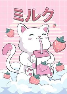 two cats are sitting on the clouds with strawberries and strawberry juice in their mouths