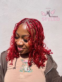 Follow mionnastyled on Instagram #bobhair #braidstyles #braidedhairstylesforblackwomen Red Bob Braids, Red Boho Box Braids, Red Boho Braids Black Women, Red Micro Braids, Red Attachment Braids, Box Braids Hairstyles For Black Women, Burgundy Hair, Curly Bob, Pretty Braided Hairstyles