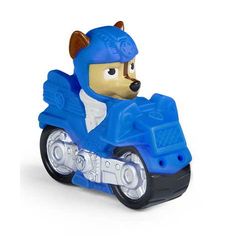 a blue toy car with a bear riding on it's front wheel and wearing a helmet