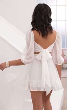 Party dresses > Neia Ruffle Dress in White Chiffon White Long Sleeve Mini Dress, Mini Dress Outfit, White Mini Dress Graduation, Cute White Dress, Fest Outfits, White Mini Dress Outfit, Mini Dress Formal, White Short Dress