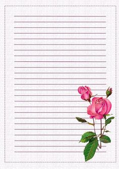 a pink rose with green leaves is on a lined paper sheet that has lines in the background