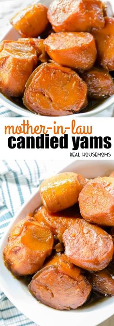 there are two pictures of candied yams in the bowl